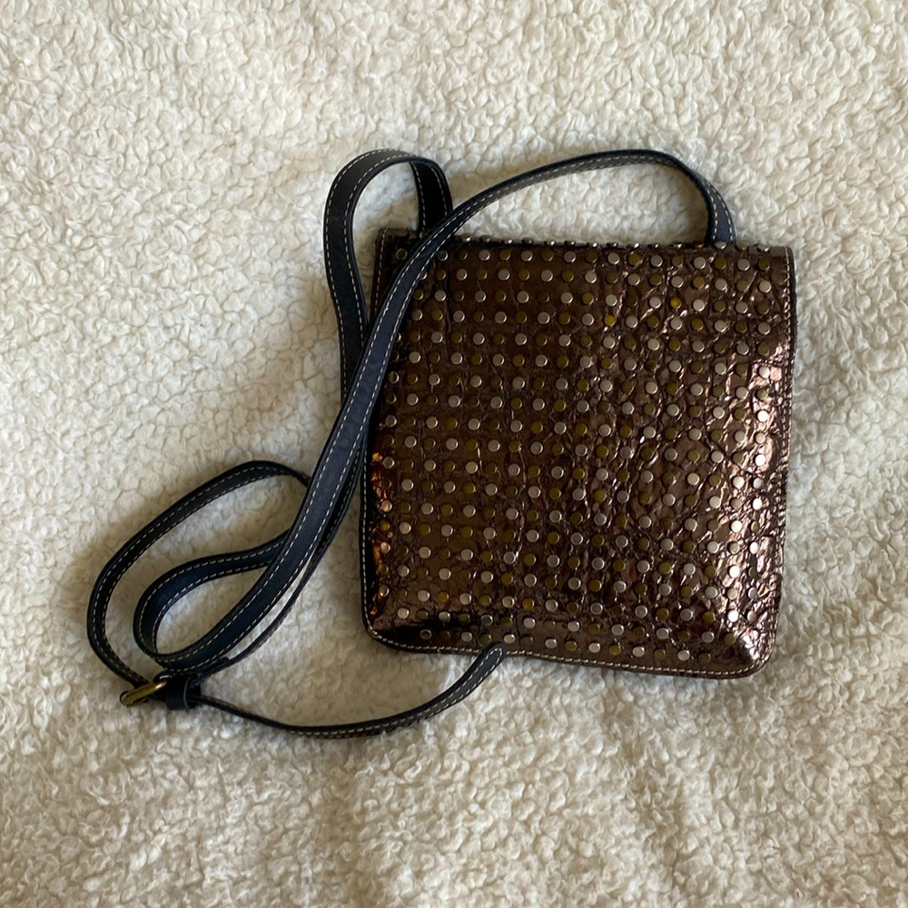 Beautiful Patricia Nash Granada brown patten leather studded crossbody.